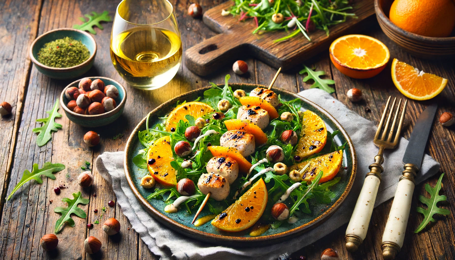 Rucola – Salat mit Orangen Haselnuss-Dressing und Hähnchenspieß Rucola – Salat mit Orangen Haselnuss-Dressing und Hähnchenspieß